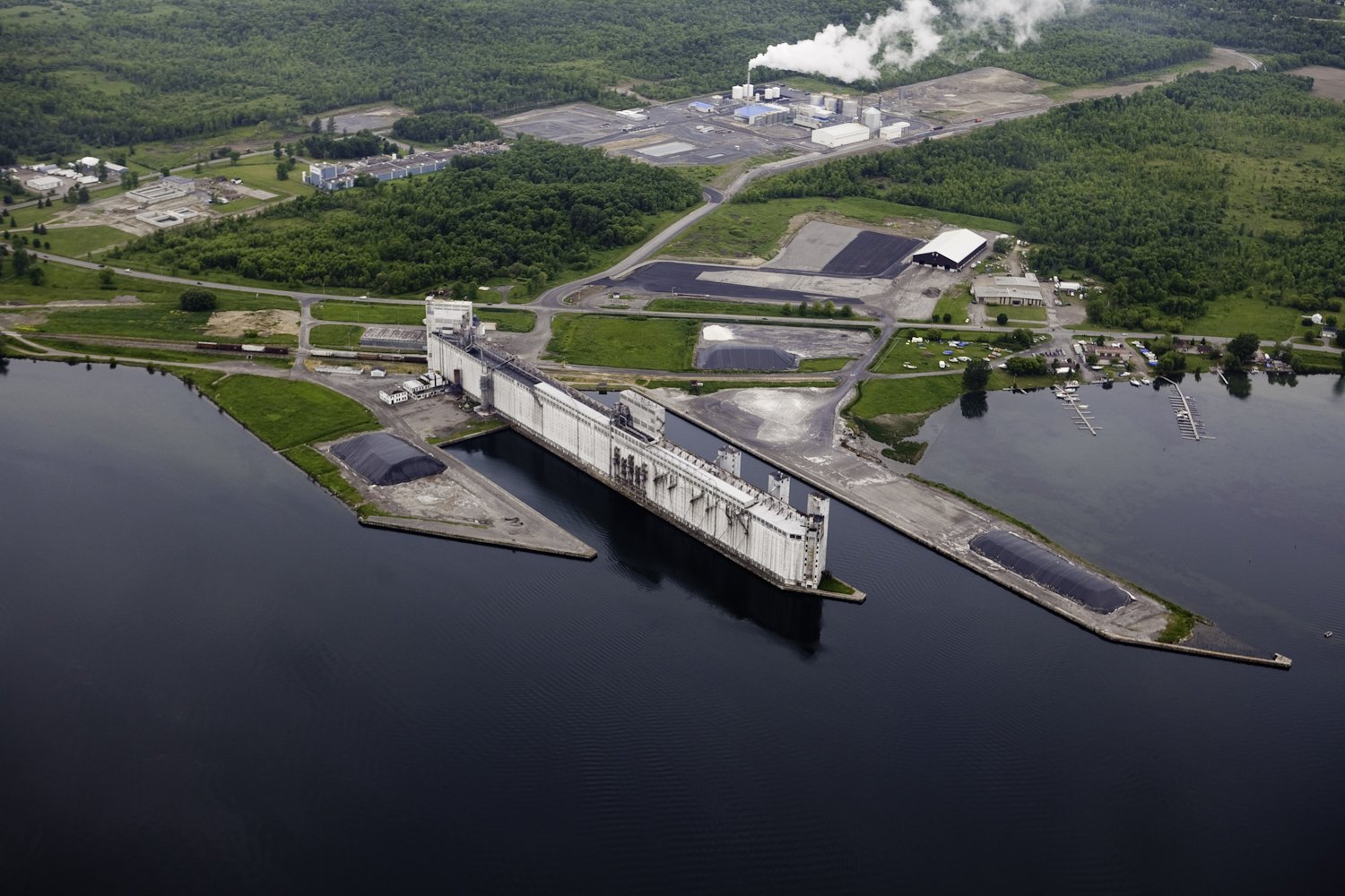Aerial photo of international port along the St. Lawrence River